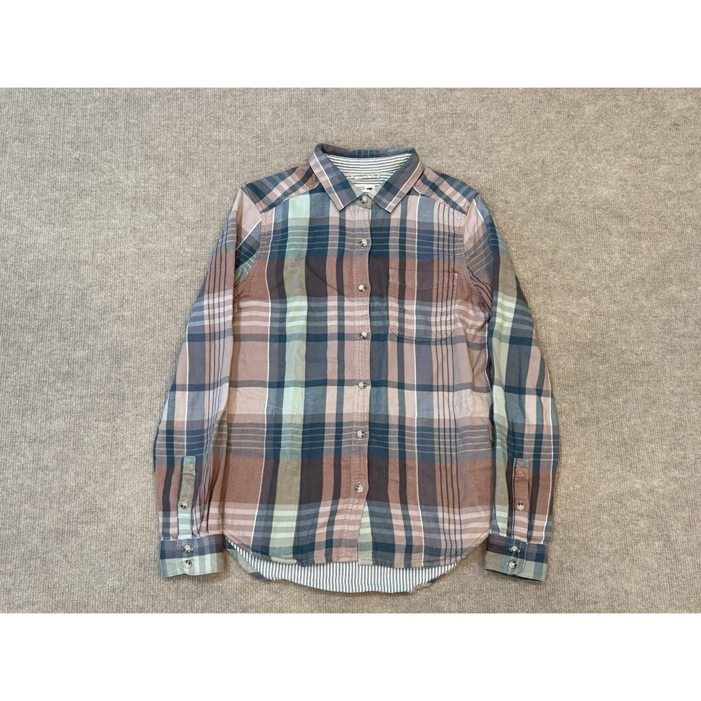 Toad&Co Womens Textured Plaid Button Shirt Pocket Green Pink Soft